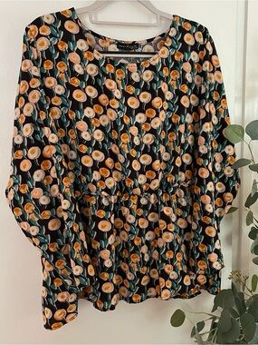 Floral Peplum Blouse in Black with Peach Blooms